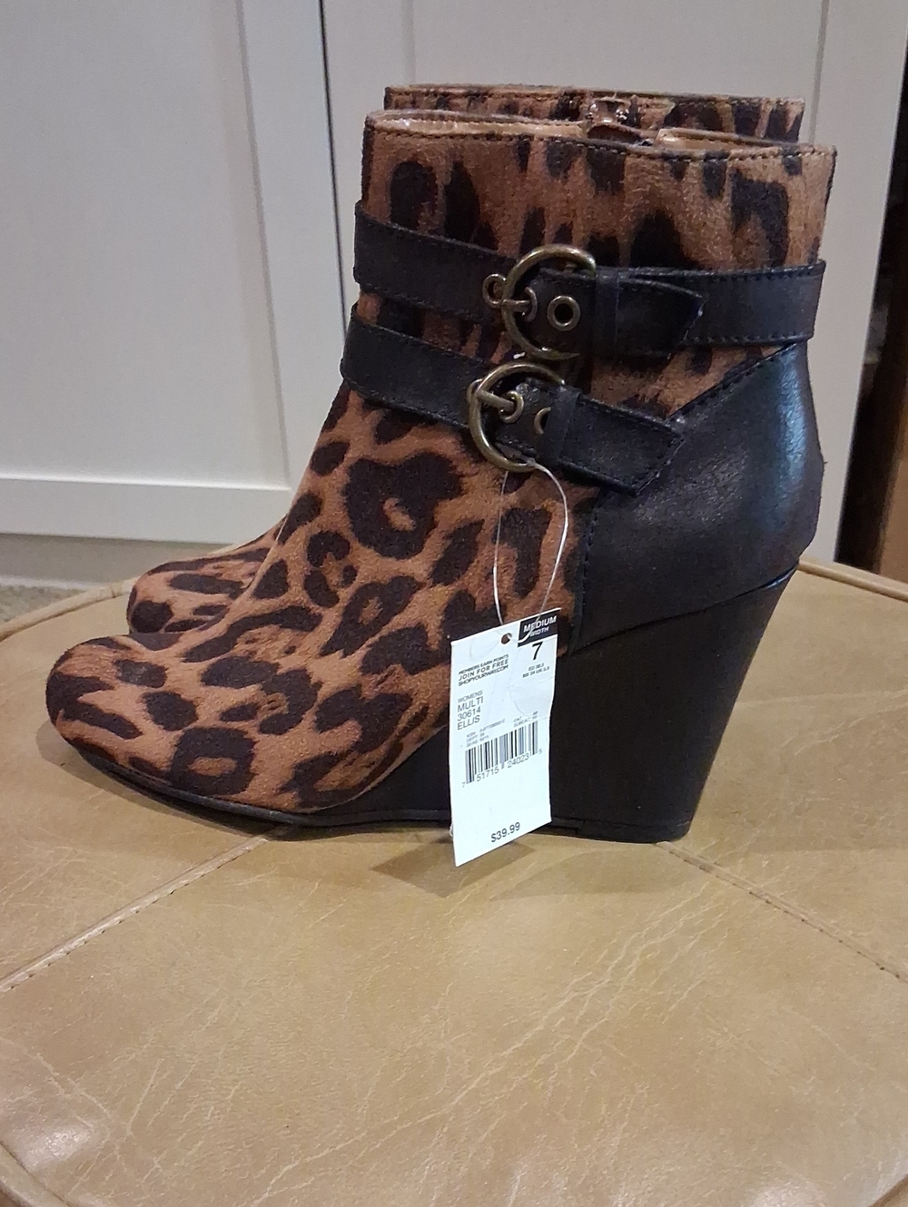 Jaclyn Smith Leopard Print Wedge Ankle Boots with Buckle Straps